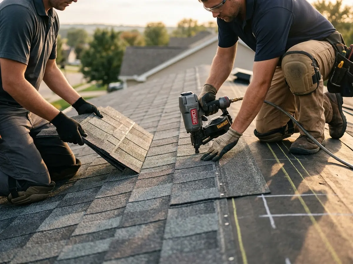 Professional roofer working on a residential roof in Greenfield